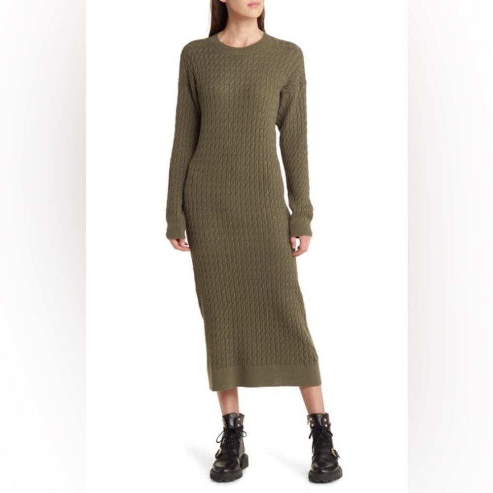 Treasure & Bond Cable Knit Midi Sweater Dress Stretch Long Olive Sarma